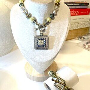 Petite Flourish Simulated Pearl Beaded Square Drop Necklace Set